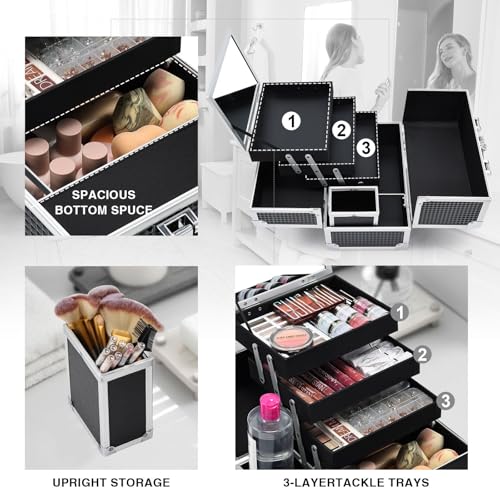 Joligrace 3-Tray Makeup Case with Mirror & Brush Holder, 11.6" Shine Black - color: Classy Black