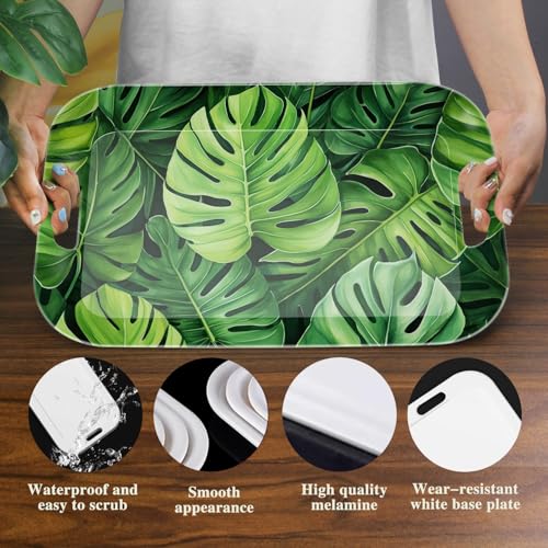 Serving Trays with Handles, 14.5 x 9.8 inch Rectangular Plastic Tray for Restaurant, Kitchen, Tropical Leaf Pattern Monstera in The Style - color: Tropical Leaf Pattern Monstera in the Style