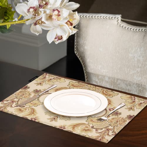 Loom and Mill Luxury Damask Floral Placemats Set of 6, Khaki, 12x18 in - color: Khaki, size: 6 Piece-12x18 inch