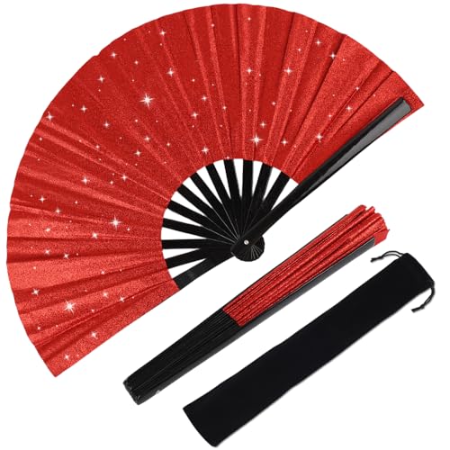 Large Folding Hand Rave Fan for Men/Women, Popping Fan for Line Dancing, Decorative Folding Hand Fan for Boots On The Ground, Festival, Gift, Home Decorations(Red) - color: Red