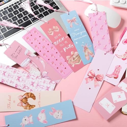 12 Pack Pink Bow Bookmarks, Paper Bookmark with Tassels, Book Lovers Gifts