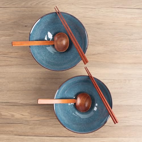 40oz Japanese Ceramic Ramen Bowl Set of 2 with Chopsticks and Spoons for Pho Udon Asian Soup Noodles (Blue Glaze) - color: Blue Glaze