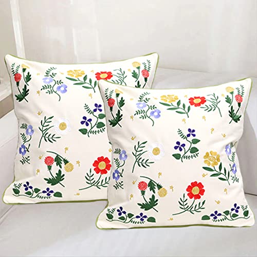 Set of 2 Embroidered Decorative Throw Pillow Covers Couch Square Pillowcases Cushion for Bedroom Sofa Farmhouse Decor 18x18 Inch (Flower-C) - color: Flower-c