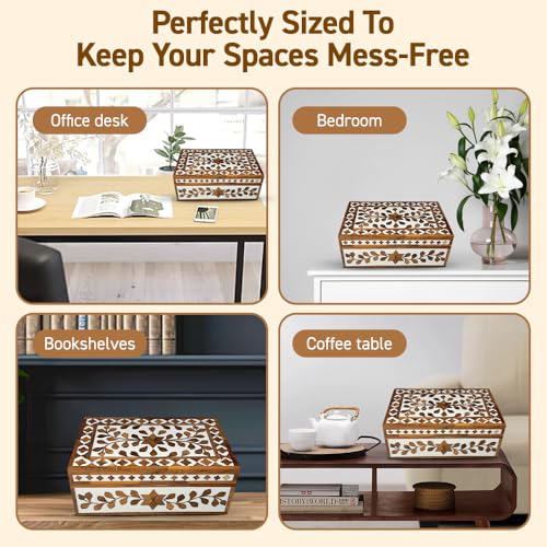 Perilla Home Home Decor Decorative Storage Wooden Box Small Floral Organizer Tool Stash Card Craft Treasure Trinket Memory Keepsake Jewelry Box for Men and Women, Gifts For All, Brown and Off White - color: Brown and off white