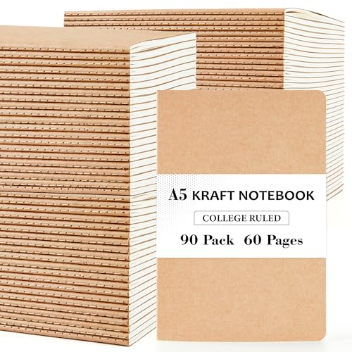 feela 90 Pack Kraft Notebooks Bulk, Lined Travel Journals Note Pad Notebooks for Men Women Girls Students, Making Plans Writing Memos Office School Supplies, A5, 60 Pages, 8.3” X 5.5” - style: Lined-90 Pack