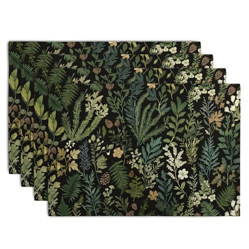 Black Sage Green Plant Placemats Set of 4 Vintage Botanic Fern Leaves Herb Floral Place Mats Rustic Farmhouse Linen Fabric Table Mats for Party Kitchen Dining Outdoor Indoor Decor - color: Black Sage Green Plant