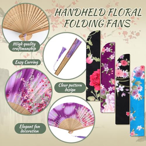 Zonon 4 Pack Hand Held Folding Fans for Women Silk,Retro and Elegant - style: Retro and Elegant