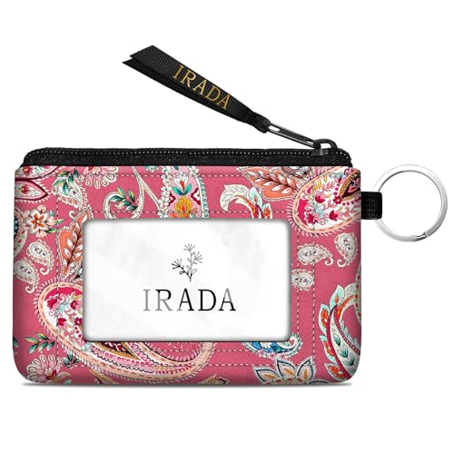 IRADA ID Case Wallet Keychain with Clear ID Window Zipper Cute Coin Purse for Women Water Resistant Small Coin Pouch-Pink Paisley Floral Keychain Wallet - color: Paisley Floral-Pink-Keychain Wallet