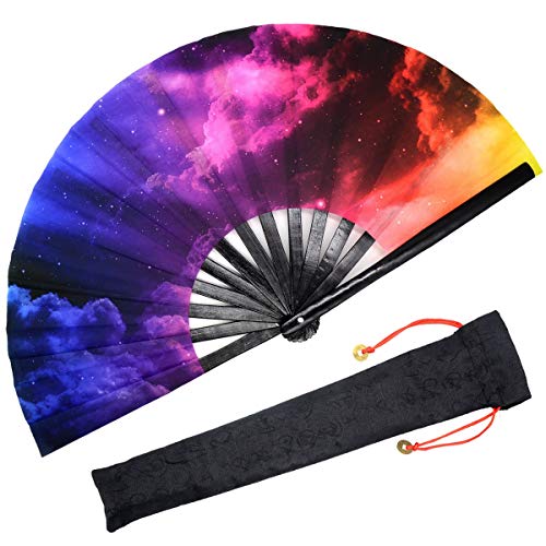 OMyTea Large Rave Folding Hand Fan for Men/Women - Chinese/Japanese Kung Fu Tai Chi Handheld Fan with Fabric Case - for Performance, Decorations, Dancing, Festival, Gift (Galaxy Nebula) - color: Nebula