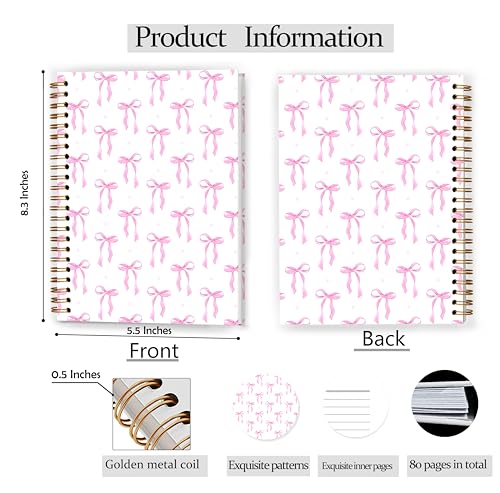 Pink Coquette Bow Notebook, Coquette Preppy Aesthetic Journal for Women, Girly Preppy Office Supplies, Cute Pink Ribbon Bow Spiral Notebook Journal 5.5x8.3 - color: Color 02
