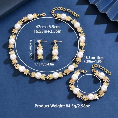Pearl Bride Wedding Jewelry Set Faux Pearls Crystal Rhinestone Necklace Earrings Bracelet Sets for Women Bridesmaid(3 PCS) - color: Golden-big pearl