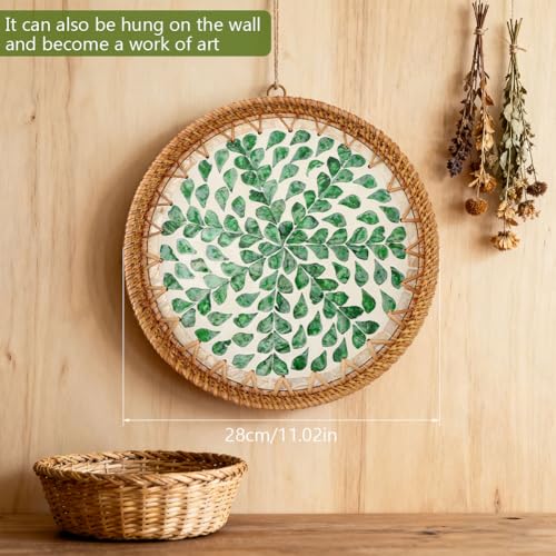 Handwoven Rattan Tray Pearl Inlay 11" Round Decorative Serving Tray Boho
