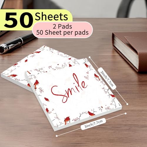 Cute Sticky Notes 3 x 3 in, 2 Pack Self Stick Note Pads with Fun Patterns, Strong Adhesive Memo Pads for Office School Home, 80 Sheets per Pad Red Bird - color: Red Bird
