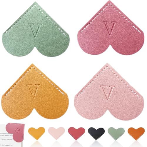 Personalized Leather Heart Bookmark, 26 Letters Customized Corner Book Mark for Reading Women, Book Marker with Initials，Cute Gifts (Light Pink+Deep Pink+Green+Light Brown, V) - color: Light Pink+deep Pink+green+light Brown, size: V