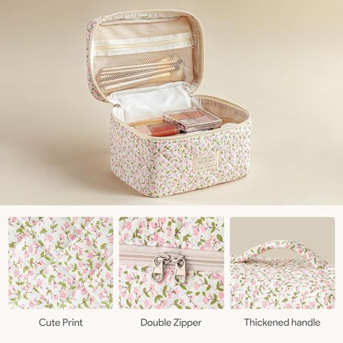 HBselect Quilted Makeup Bag, 3Pcs Cotton Large Travel Makeup Bags Organizer - color: A-3PCS-Floral 17