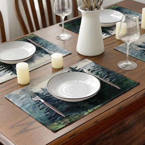 Ansouyi Placemats Set of 6, Green Watercolor Landscape Pine Forest Washable Heat Resistant Linen Table Mats, Kitchen Decor Non-Slip Place Mats for Party Dining, 12x18 Inch - color: Pine Forest
