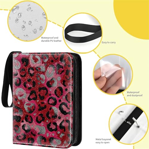 Card Binder 400 Pockets, 50 Sleeves Large Binder Trading Cards Holder 4 Pocket, Storage Organizer, Album Folder Case Protector Collector Gift Red Leopard Glitter - color: Red Leopard Glitter, size: 4 Pocket
