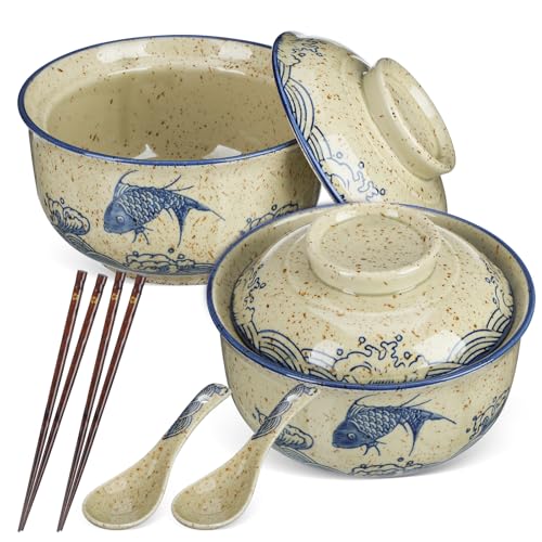 CALLARON 26 oz Ceramic Ramen Bowl Set of 2 with Lids, Spoons and Chopsticks