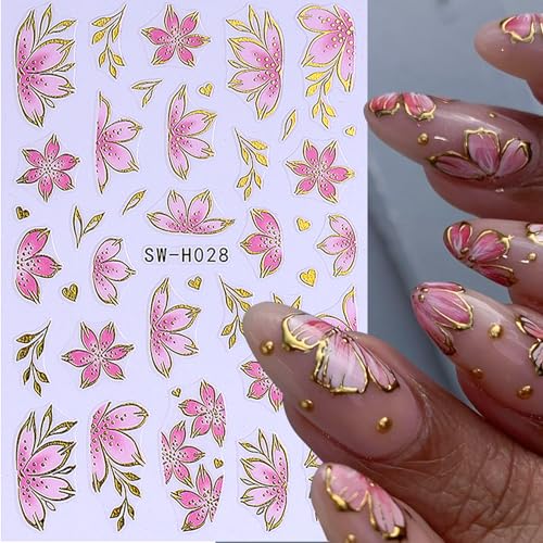 3D Flower Nail Art Stickers Decals Luxury Flower Petal Stickers with Tweezers 12 PCS Self Adhesive Pink Purple Blue Floral Gold Edge Decals Cherry Blossom Lily Summer DIY Manicure Nail Art Decoration - style: Flower Golden Edge Styles