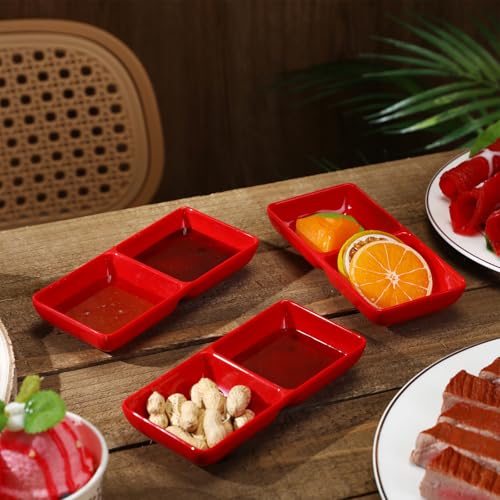 Gejoy 12 Pcs Dual Dipping Sauce Bowls Soy Sauce Dish Bowls, Red - color: Red