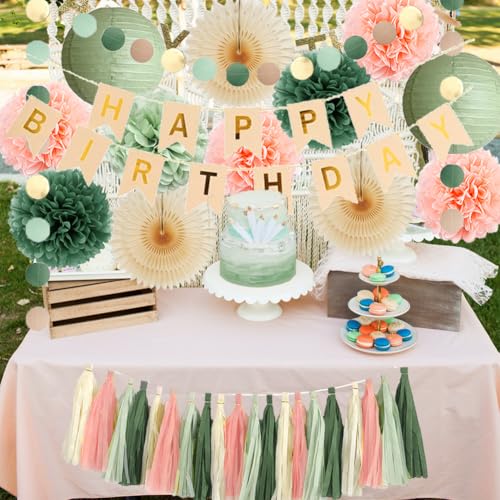 Sage Green and Peach Birthday Decorations Boho Beige Peach and Olive Green Birthday Decorations for Women Girls Cream Fans Pom Poms Sage Olive Pink Cream Tassel Garland Party with Banner Beige Gold