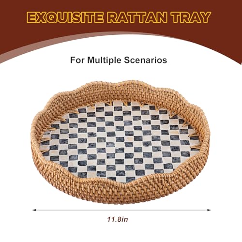 12 Inch Round Rattan Tray Mother of Pearl Inlay, Plaid Style - style: Plaid Style