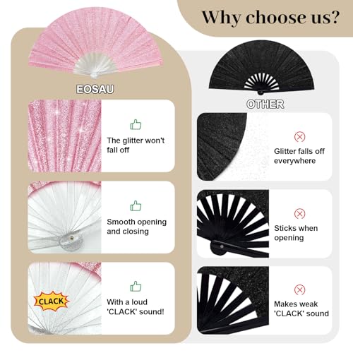 EOSAU 13" Glitter Folding Hand Fans Foldable, Clacking Fans for Women Pink - color: 13" Pink 03