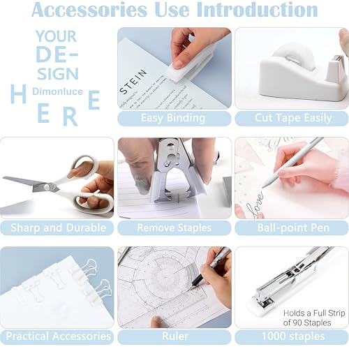 Dimonluce Office Desk Accessories, White Office Supplies Accessories with Tape Dispenser, Stapler, Staple Remover, 1000 Staples, Tape, Clips Set, Ruler, Scissor, Pen - color: White