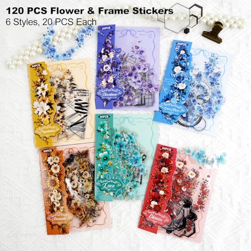 120 Pcs Floral Stickers with Geometric Frames for Scrapbooking - color: Floral Daily