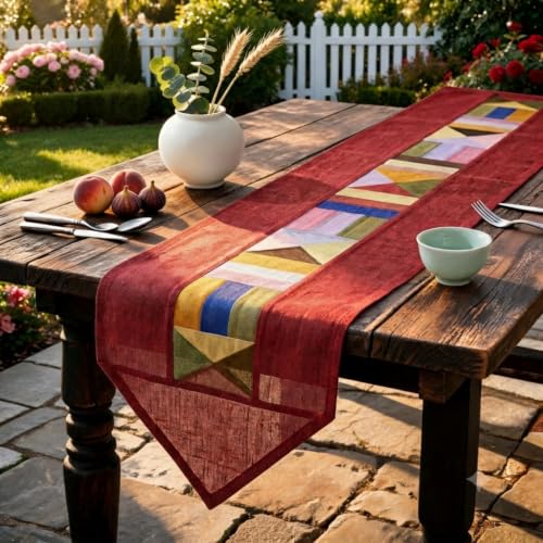 Korean Bojagi Table Runner, Ruby Red Ramie Patchwork, 78.8 x 11.8 Inch - color: Ruby Red