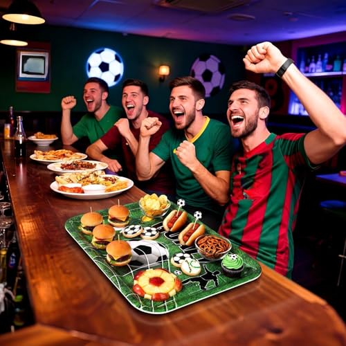 Vesici 4 Pack Soccer Melamine Serving Trays, 13 x 10 in Rectangular Serving Platters with Goal Field & Ball Pattern, Reusable Snack Appetizer Dessert Trays for Game Day Parties, Easy Clean - style: Soccer