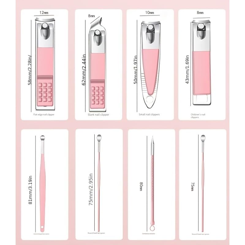 Stainless Steel Nail Clipper Set, Portable Manicure and Pedicure Grooming Kit with Travel Storage Case for Fingernails and Toenails, Men and Women (14-in-1) (Pink) - color: Pink