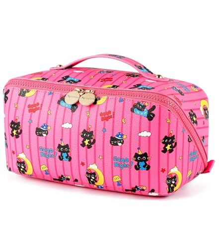 Aveniee Travel Makeup Bag for Women, Large Cosmetic Organizer with Open-Flat Design, Clear Divider & Handle - Waterproof PU Leather Toiletry Case (Moon Cat Pattern) - style: Mooncat