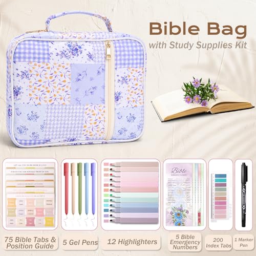 XKDOUS Bible Cover Case for Women Bible Bag Journaling Kit w/Study Supplies - color: Purple Patchwork, size: Large