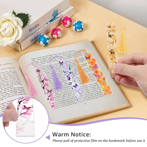 4pcs Pressed Flower Bookmarks, Transparent Acrylic Bookmark with Tassels, Butterfly Flower Theme Book Marks for Reading Women, Cute Book Marking Accessories Gift for Books Lovers(4 Colors) - color: Pink, Light Purple, Orange, Light Gold Yellow