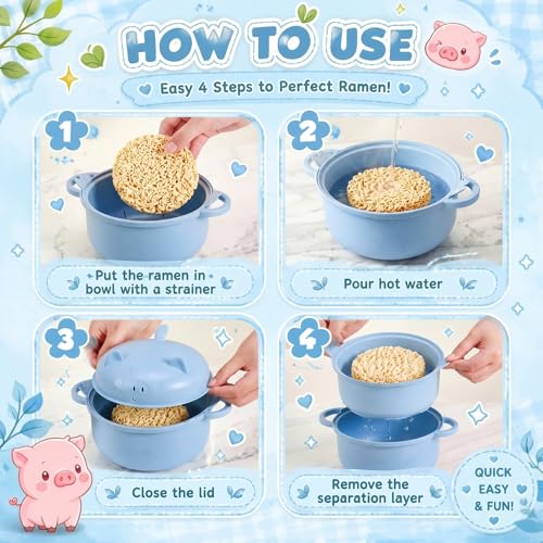 1 Set Large 45oz Cute Pig Ramen Bowl Set Microwavable, Nordic Blue - color: Nordic Blue