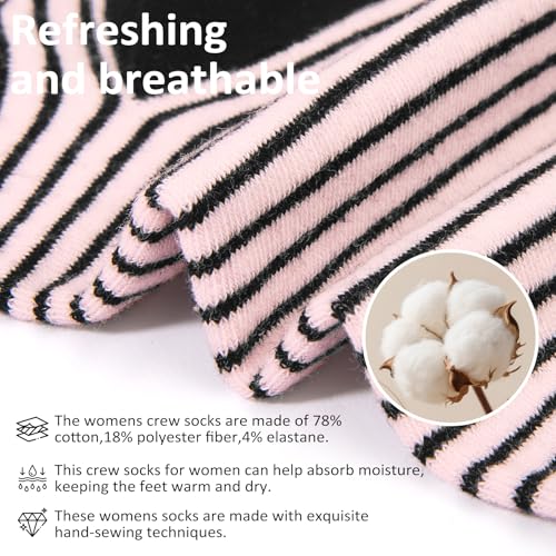 Cotton Crew Socks for Women, Casual Novelty Funny Dress Socks - color: Pink Stripes Dot