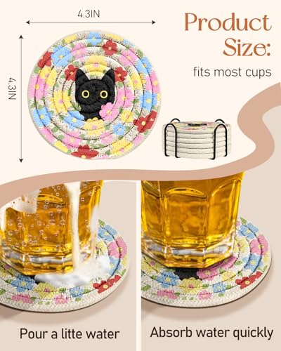 Absorbent Cup Coasters Set of 6 with Holder, Cat Flower - color: Cat Flower