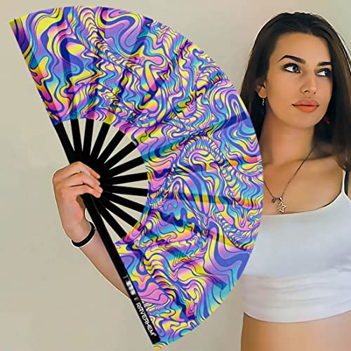 UV Glow Rave Fan, Bamboo Folding Clack Hand Fans Foldable for Men Women, Poping Fan for EDM Festival Line Dance Decoration, (Waves-2, Medium 11") - color: Waves-2, size: Medium 11"