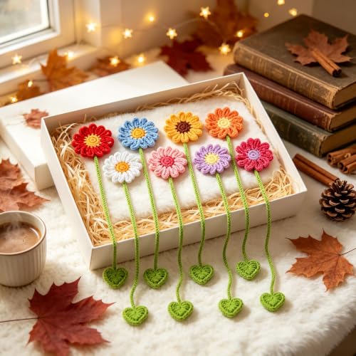 8 Pack Crochet Flower Bookmarks Daisy Sunflower Book Marks for Reading Gift - color: Colorful Flower