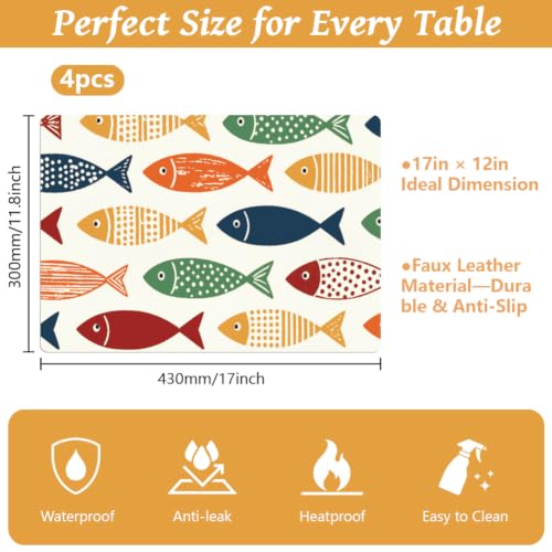 Peacoblue Placemats Set of 4,Faux Leather Colorful Cartoon Fish Design - style: Colorful Cartoon Fish