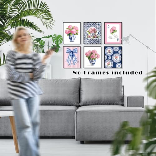 LUKIPOM Pink Chinoiserie Hydrangea Wall Art Poster,Coquette Blue Bow Grandmillennial Floral Wall Decor Gifts for Women Teen Girls Home Bedroom Living Room,12x16in Set of 6 Unframed - color: Color 020