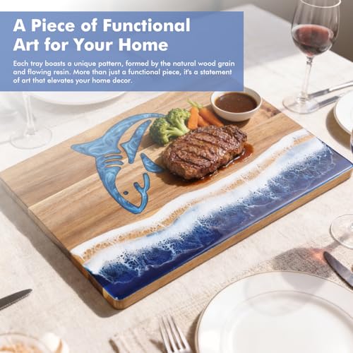 Ocean Resin Shark Charcuterie Board, Acacia Wood & Resin Cutting Board, Decorative Serving Platter for Cheese, Fruit, Snacks, Beach Themed Kitchen Gift for Party, Holiday, Birthday - color: blue shark