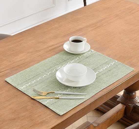 Wracra Cotton Linen Place Mats, Sage Green Embroidered Placemats Set of 6 - color: Hemstitched Sage Green, size: Placemats(Set of 6)