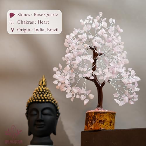 ZENFULSTONE Rose Quartz Crystal Tree of Life for Love & Healing Décor for Home and Office | Handmade Bonsai for Emotional Support & Harmony as Symbol of Piece for Loved Ones - color: Rose Quartz Silver Wire