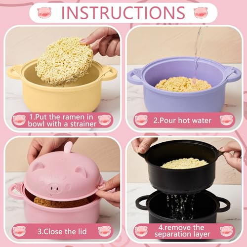 4 Sets Large 45oz Cute Pig Ramen Bowl Set Microwavable Multicolor - color: Multicolor