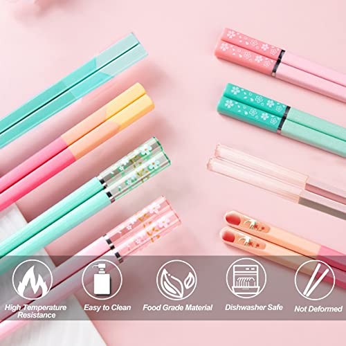 5 Pairs Reusable Chopsticks Dishwasher Safe, Fiberglass Premium Japanese Chines Korean Chopsticks for Sushi Noodles Ramen, Non-slip Chop Sticks, Lightweight, 9.6 inches- Green&Pink-B