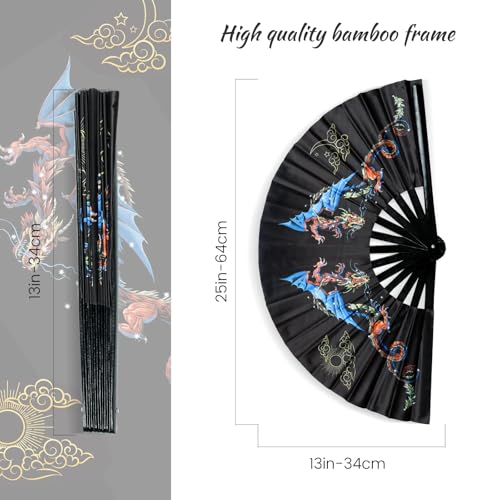 SYNTECSO Folding Hand Fan for Rave, UV Glow Clack Fan - color: Dragons