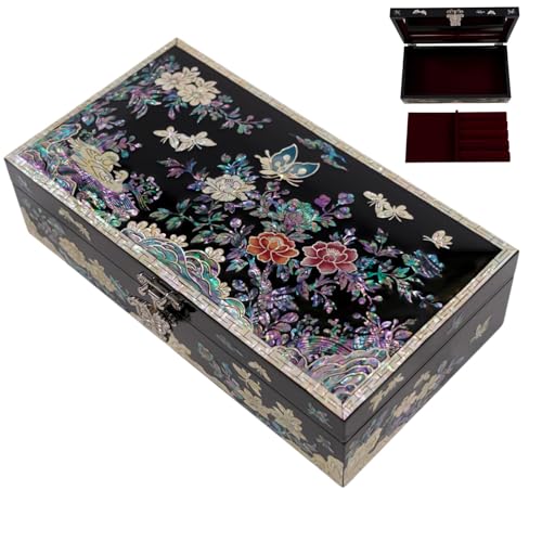 February Mountain Mother of Pearl Jewelry Organizer box - Handmade Large Wooden Box Romantic Anniversary Birthday Gifts for women (Butterflies in Peony Garden) - style: Butterflies in Peony Garden