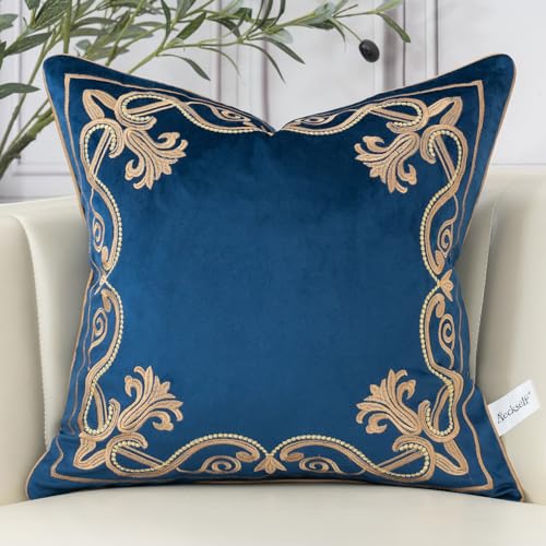 Aeckself European Floral Pillow Cover 20x20 Inch, Luxury Velvet Embroidered Decorative Throw Pillow Cover for Couch Bedroom Living Room, Navy Blue and Gold, Yw-OBYG-Blue5050 - color: Navy Blue Gold, size: 20" x 20" (Pack of 1)